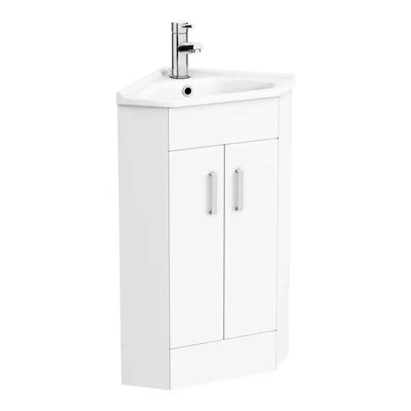 Alaska Corner Vanity Unit   Gloss White   590mm with Chrome Handles