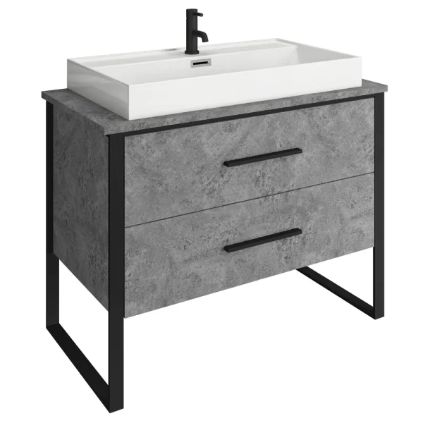 Arezzo Countertop Basin Unit   Concrete Effect with Black Frame   1000mm inc. Basin