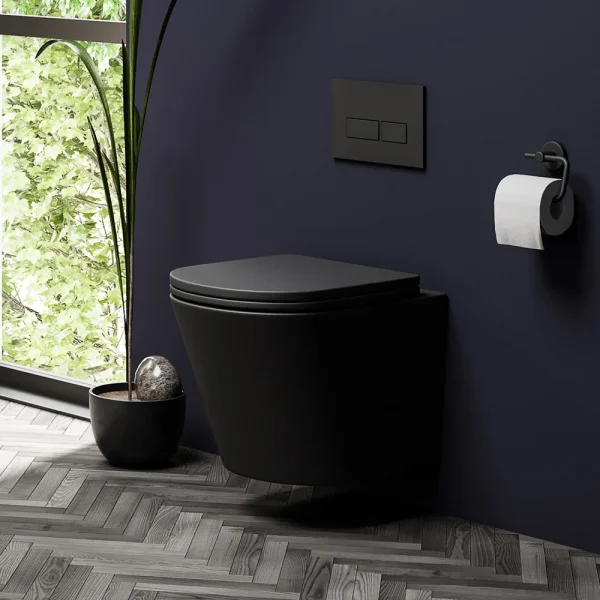 Arezzo Matt Black Rimless Wall Hung Toilet with Soft Close Seat
