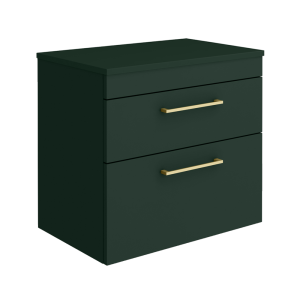 Arezzo Wall Hung 2 Drawer Countertop Vanity Unit   Matt Dark Green   600mm with Worktop & Brushed Brass Handles