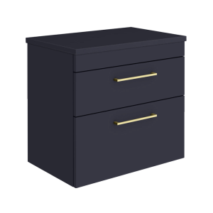 Arezzo Wall Hung 2 Drawer Countertop Vanity Unit   Matt Blue   600mm with Worktop & Brushed Brass Handles