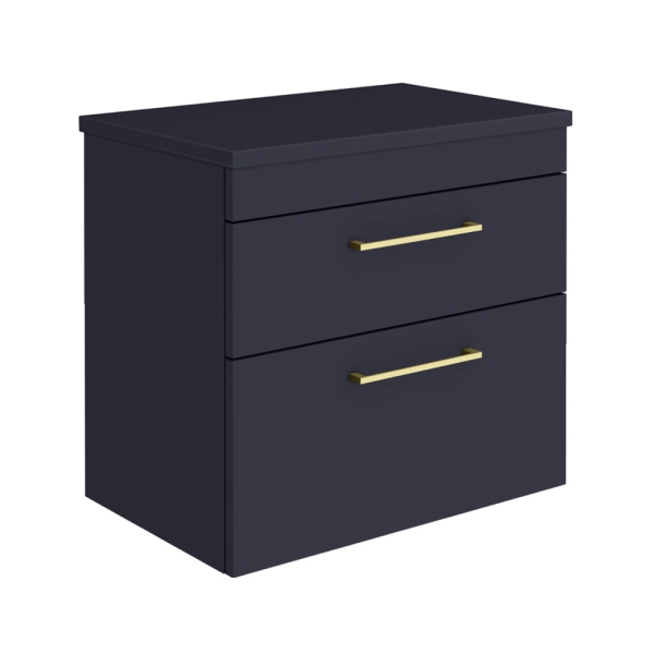 Arezzo Wall Hung 2 Drawer Countertop Vanity Unit   Matt Blue   600mm with Worktop & Brushed Brass Handles