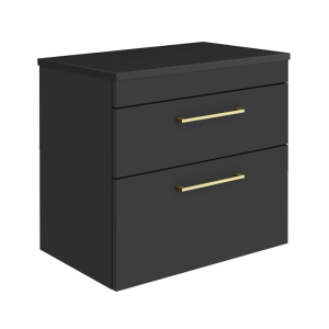 Arezzo Wall Hung 2 Drawer Countertop Vanity Unit   Matt Black   600mm with Worktop & Brushed Brass Handles