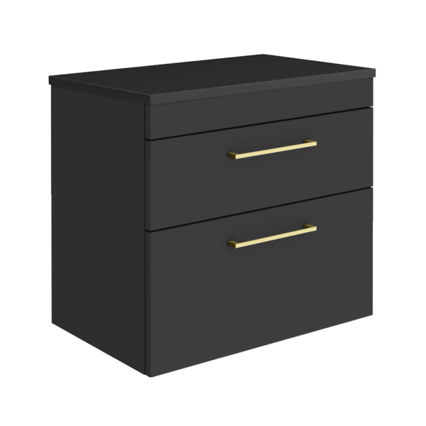Arezzo Wall Hung 2 Drawer Countertop Vanity Unit   Matt Black   600mm with Worktop & Brushed Brass Handles