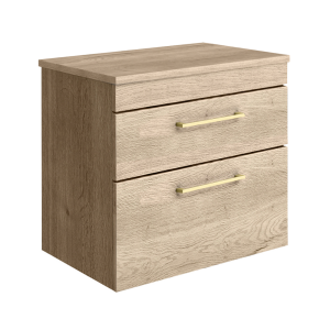 Arezzo Wall Hung 2 Drawer Countertop Vanity Unit   Rustic Oak   600mm with Worktop & Brushed Brass Handles