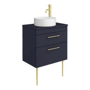 Arezzo Vanity Unit   Matt Blue   600mm 2 Drawer with Worktop, Brass Handles, White Round Basin and Brass Legs