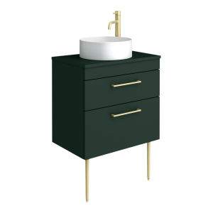 Arezzo Vanity Unit   Matt Dark Green   600mm 2 Drawer with Worktop, Brass Handles, White Round Basin and Brass Legs