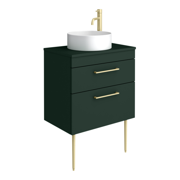Arezzo Vanity Unit   Matt Dark Green   600mm 2 Drawer with Worktop, Brass Handles, White Round Basin and Brass Legs