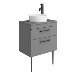 Arezzo Vanity Unit   Matt Grey   600mm 2 Drawer with Worktop, Black Handles, White Round Basin and Legs