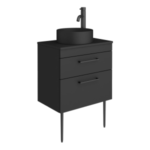 Arezzo Vanity Unit   Matt Black   600mm 2 Drawer with Worktop, Black Handles, Black Round Basin and Legs