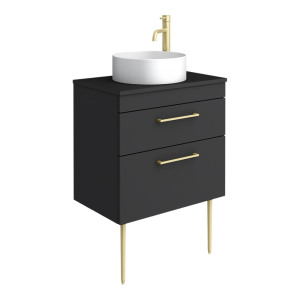 Arezzo Vanity Unit   Matt Black   600mm 2 Drawer with Worktop, Brass Handles, White Round Basin and Brass Legs
