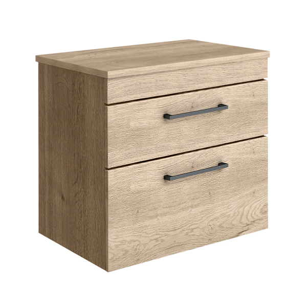 Arezzo Wall Hung 2 Drawer Countertop Vanity Unit   Rustic Oak   600mm with Worktop & Matt Black Handles