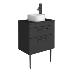 Arezzo Vanity Unit   Matt Black   600mm 2 Drawer with Worktop, Black Handles, White Round Basin and Legs
