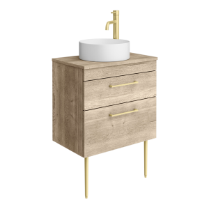 Arezzo Vanity Unit   Rustic Oak   600mm 2 Drawer with Worktop, Brass Handles, White Round Basin and Brass Legs