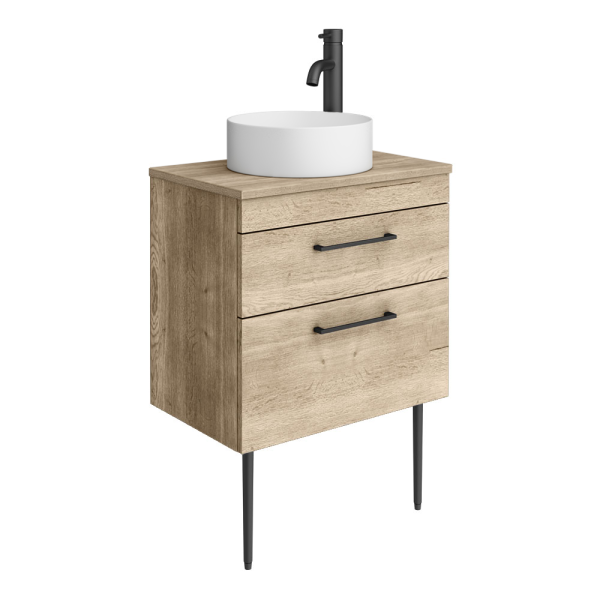Arezzo Vanity Unit   Rustic Oak   600mm 2 Drawer with Worktop, Black Handles, White Round Basin and Legs