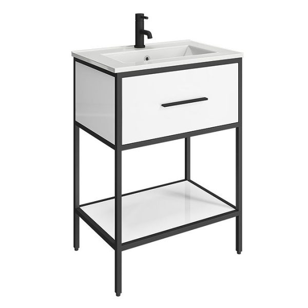 Arezzo 600 Matt Black Framed Vanity Unit with Ceramic Basin and Open Shelf - Image 3