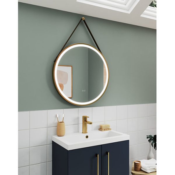 Venice Giro Brushed Brass 600mm Round LED Illuminated Anti Fog Bathroom Mirror - Image 2