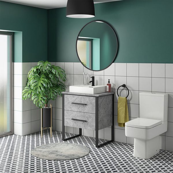 Arezzo Countertop Basin Unit   Concrete Effect with Black Frame   600mm inc. Basin - Image 2