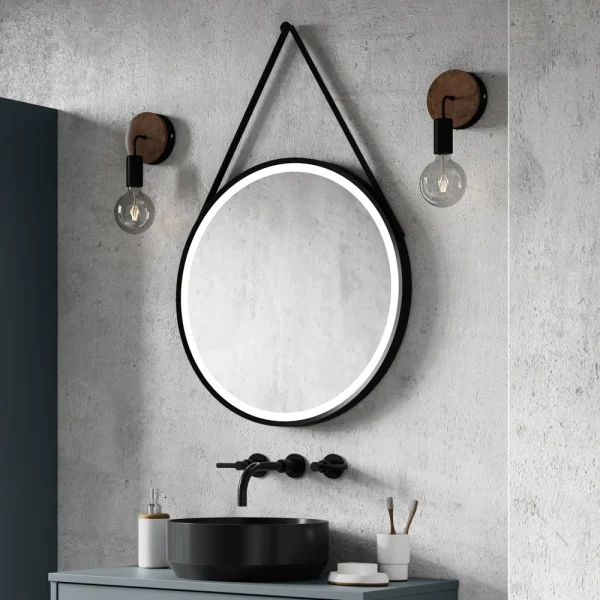 Arezzo Matt Black 600mm Round LED Illuminated Anti Fog Bathroom Mirror