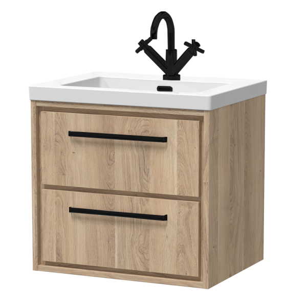 Arezzo Moda 600mm Rustic Oak Wall Hung 2 Drawer Vanity Unit with Matt Black Handles