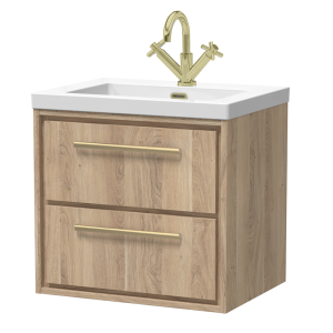 Arezzo Moda 600mm Rustic Oak Wall Hung 2 Drawer Vanity Unit with Brushed Brass Handles