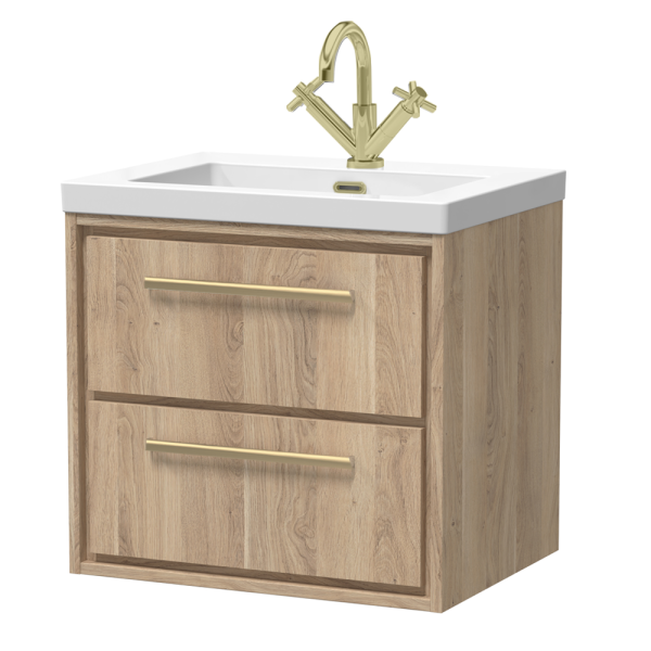 Arezzo Moda 600mm Rustic Oak Wall Hung 2 Drawer Vanity Unit with Brushed Brass Handles