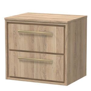 Arezzo Moda 600mm Rustic Oak Wall Hung 2 Drawer Countertop Vanity Unit with Brushed Brass Handles