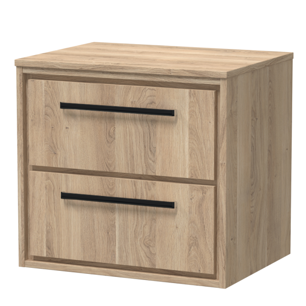 Arezzo Moda 600mm Rustic Oak Wall Hung 2 Drawer Countertop Vanity Unit with Matt Black Handles