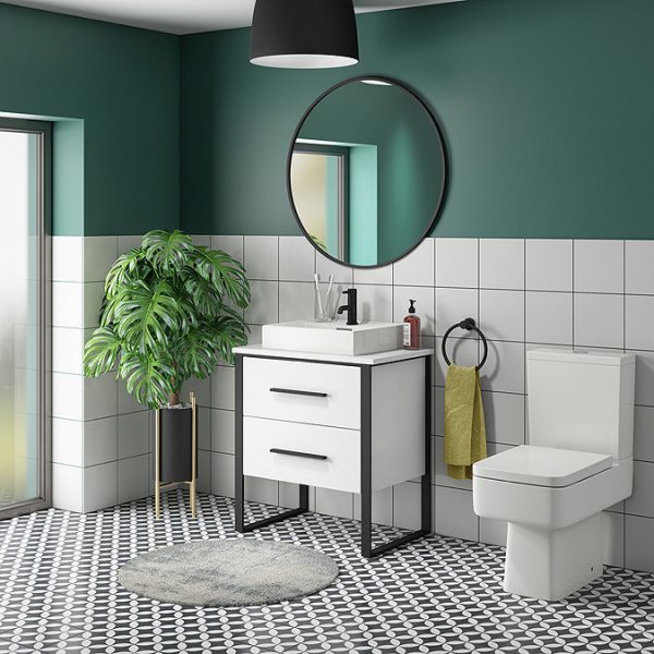 Arezzo 600 Gloss White Matt Black Framed 2 Drawer Vanity Unit with Countertop Basin - Image 2