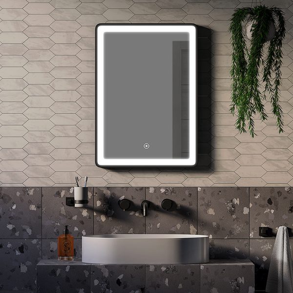 Arezzo Matt Black 500 x 700 LED Illuminated Border Mirror with Touch Sensor + Anti Fog - Image 4