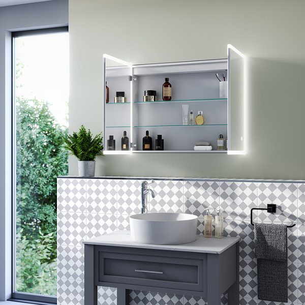 Arezzo 800 x 600mm Recessed LED Illuminated Bathroom Mirror Cabinet with Shaver Socket, Anti Fog & Dimmer - Image 2
