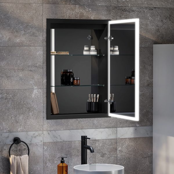 Arezzo 500 x 700mm Recessed LED Illuminated Bathroom Mirror Cabinet with Touch Sensor, Shaver Socket & Anti Fog - Image 3