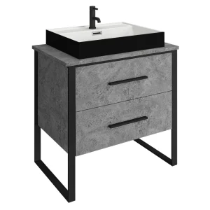Arezzo Countertop Basin Unit   Concrete Effect with Black Frame   800mm incl. Matt Black Basin