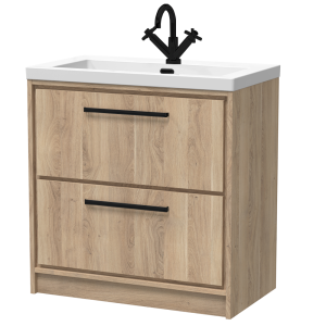 Arezzo Moda 800mm Rustic Oak Floor Standing 2 Drawer Vanity Unit with Matt Black Handles