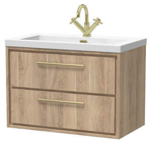 Arezzo Moda 800mm Rustic Oak Wall Hung 2 Drawer Vanity Unit with Brushed Brass Handles