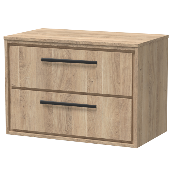 Arezzo Moda 800mm Rustic Oak Wall Hung 2 Drawer Countertop Vanity Unit with Matt Black Handles