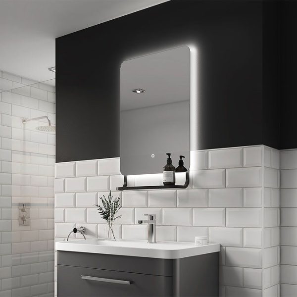 Arezzo Matt Black 800 x 500mm Backlit LED Bathroom Mirror with Hanging Shelf & Anti Fog - Image 2