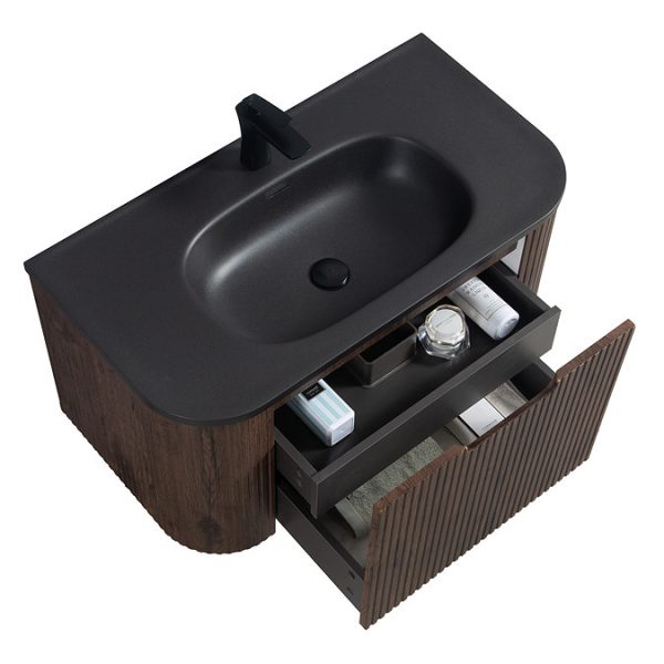 Arezzo Slatted Walnut 900 Wall Mounted Curved Vanity Unit with Matt Black Basin - Image 3