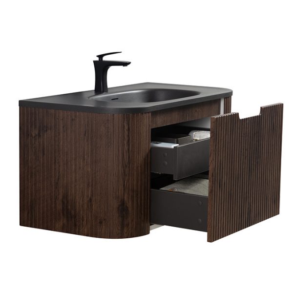 Arezzo Slatted Walnut 900 Wall Mounted Curved Vanity Unit with Matt Black Basin - Image 4
