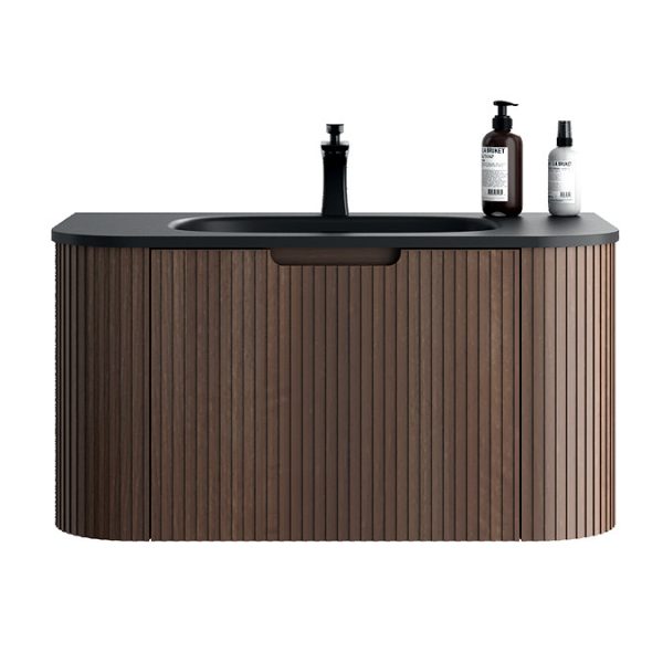 Arezzo Slatted Walnut 900 Wall Mounted Curved Vanity Unit with Matt Black Basin - Image 5