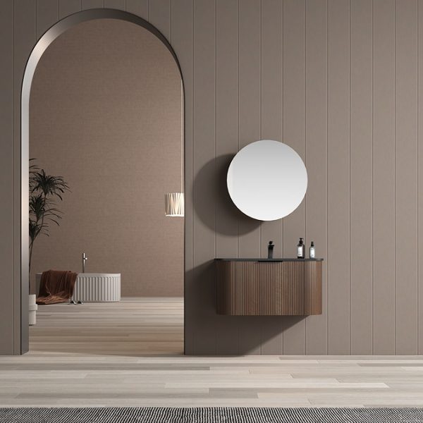 Arezzo Slatted Walnut 900 Wall Mounted Curved Vanity Unit with Matt Black Basin - Image 6