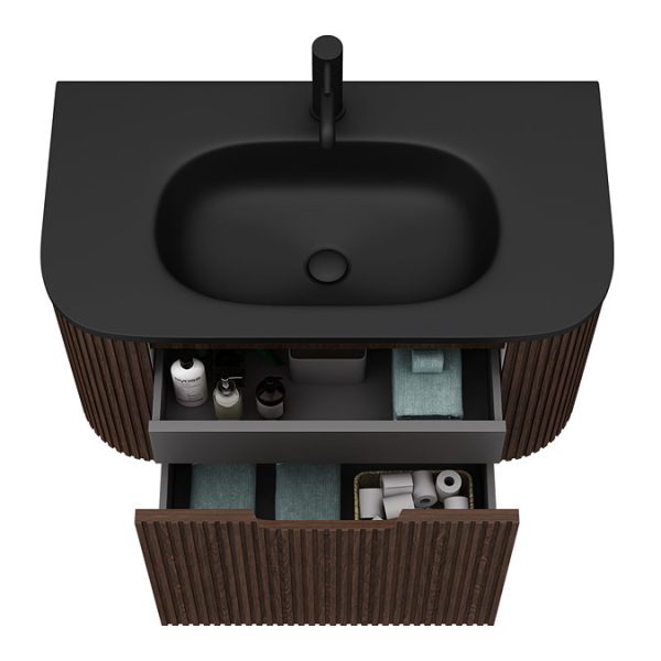 Arezzo Slatted Walnut 900 Wall Mounted Curved Vanity Unit with Matt Black Basin - Image 2