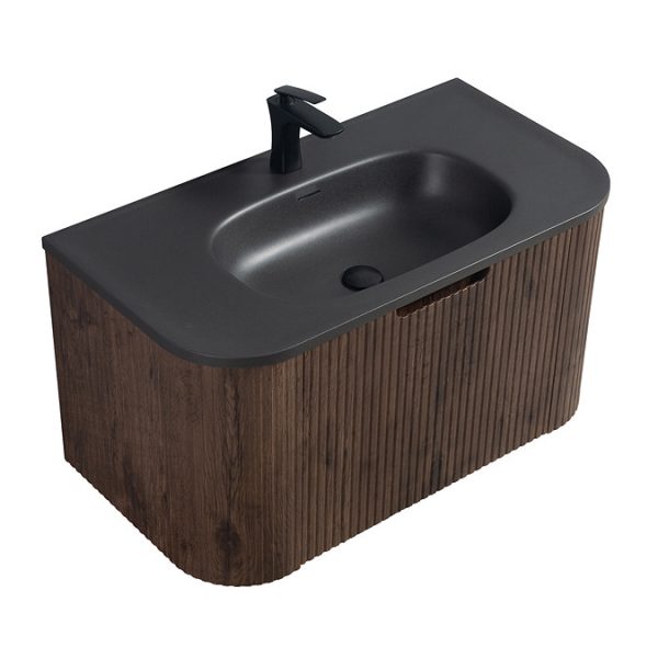 Arezzo Slatted Walnut 900 Wall Mounted Curved Vanity Unit with Matt Black Basin - Image 7