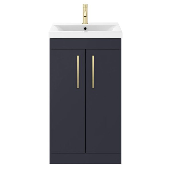 Arezzo 500 Matt Blue Floor Standing Vanity Unit with Brushed Brass Handles - Image 4