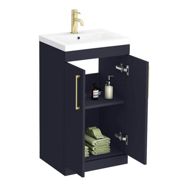 Arezzo 500 Matt Blue Floor Standing Vanity Unit with Brushed Brass Handles - Image 5
