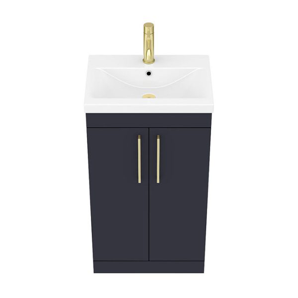 Arezzo 500 Matt Blue Floor Standing Vanity Unit with Brushed Brass Handles - Image 6