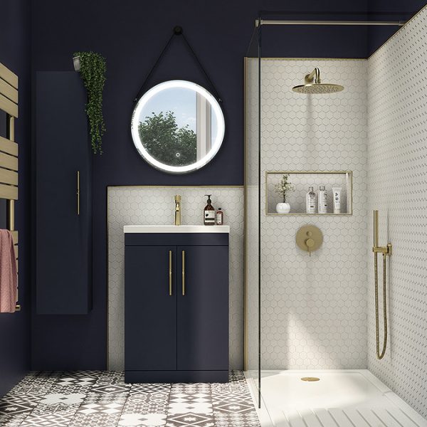 Arezzo Floor Standing Vanity Unit   Matt Blue   500mm with Industrial Style Brushed Brass Handles - Image 2
