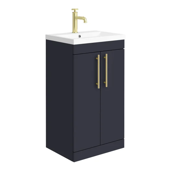 Arezzo Floor Standing Vanity Unit   Matt Blue   500mm with Industrial Style Brushed Brass Handles