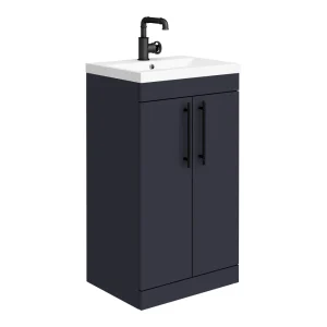 Arezzo Floor Standing Vanity Unit   Matt Blue   500mm with Industrial Style Black Handles