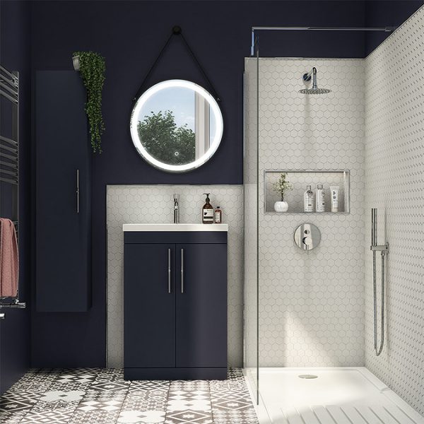 Arezzo Floor Standing Vanity Unit   Matt Blue   500mm with Industrial Style Chrome Handles - Image 2
